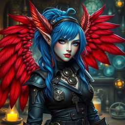 A striking portrait of a female pale tiefling artificer, featuring vibrant blue hair styled in a stylish hair tie