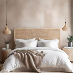 A serene bedroom scene showcasing a beautiful Venetian plaster wall as the backdrop, contrasted with a well-made white linen bed and accented by a natural rattan headboard.