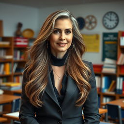A sexy Russian woman teacher aged 45-50 with long, stylishly flowing hair that highlights her fashionable and modern hairstyle