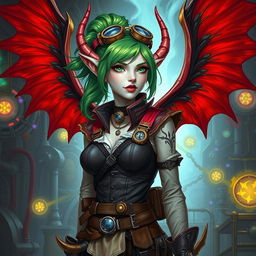 A female pale skinned tiefling artificer with striking green hair, adorned with a stylish hair tie