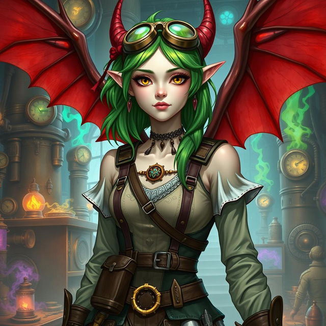 A female pale skinned tiefling artificer with striking green hair, adorned with a stylish hair tie