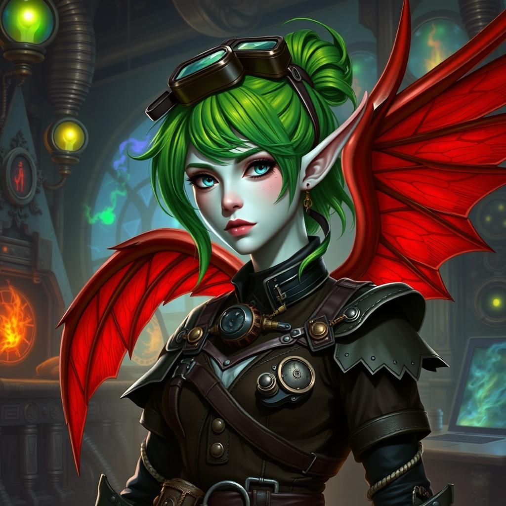 A female pale skinned tiefling artificer with striking green hair, adorned with a stylish hair tie