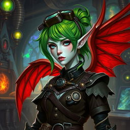 A female pale skinned tiefling artificer with striking green hair, adorned with a stylish hair tie