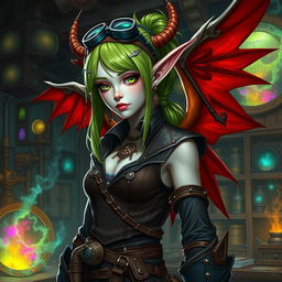 A female pale skinned tiefling artificer with striking green hair, adorned with a stylish hair tie
