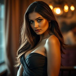 A suggestive and alluring scene featuring an elegantly dressed woman in a sultry pose