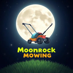 A whimsical scene depicting a large, bright moon in the night sky with a cartoonish lawn mower hovering in front of it