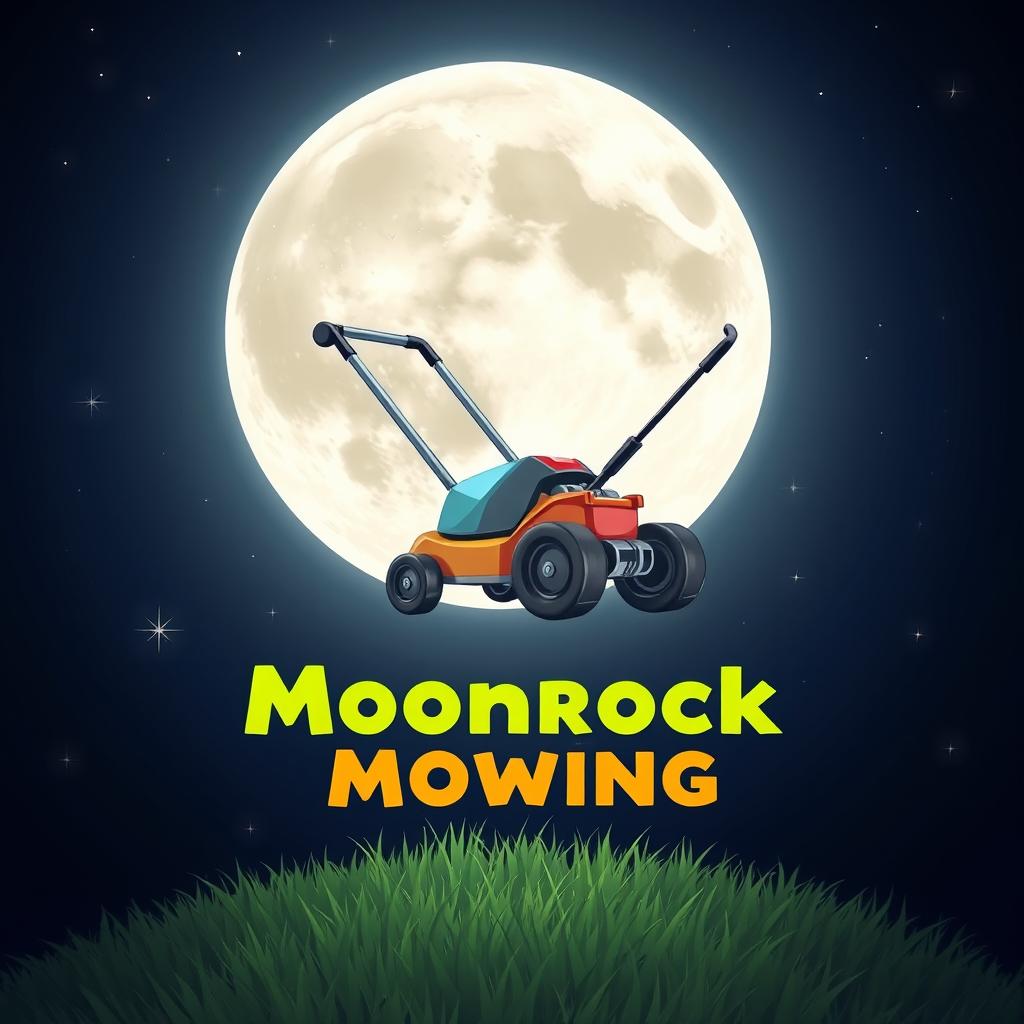 A whimsical scene depicting a large, bright moon in the night sky with a cartoonish lawn mower hovering in front of it