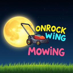 A whimsical scene depicting a large, bright moon in the night sky with a cartoonish lawn mower hovering in front of it