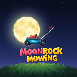 A whimsical scene depicting a large, bright moon in the night sky with a cartoonish lawn mower hovering in front of it