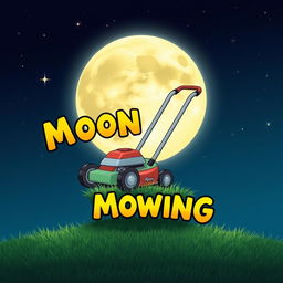 A whimsical scene depicting a large, bright moon in the night sky with a cartoonish lawn mower hovering in front of it