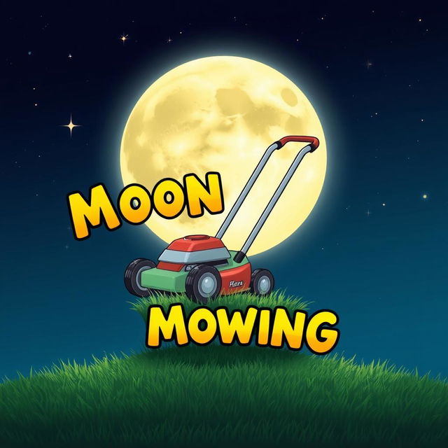 A whimsical scene depicting a large, bright moon in the night sky with a cartoonish lawn mower hovering in front of it