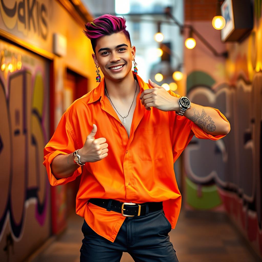 A fashionable young man with a confident and cheerful expression, wearing a brightly colored oversized shirt and fitted pants