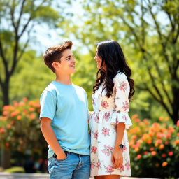 A young couple standing together, the boy on the left and the girl on the right
