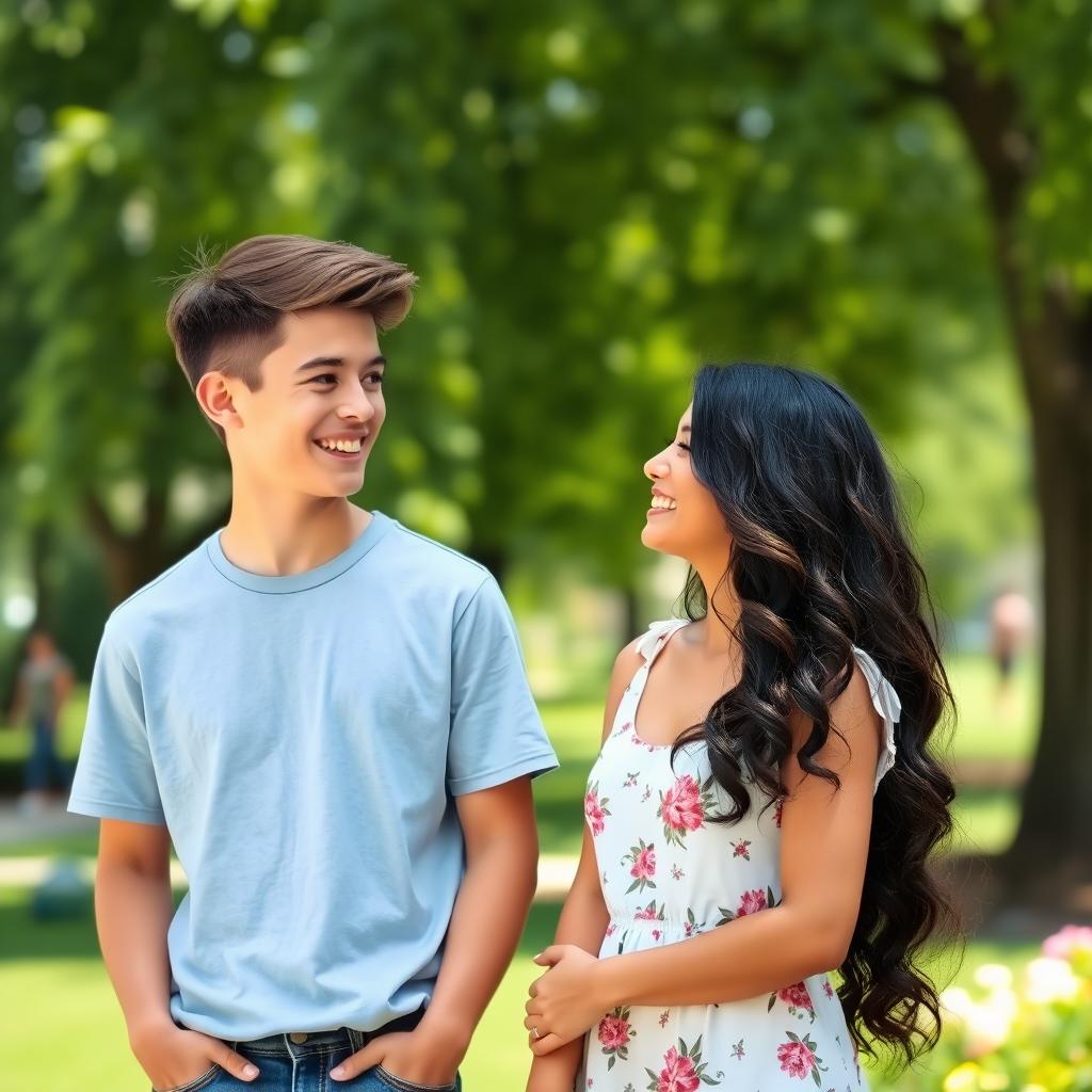A young couple standing together, the boy on the left and the girl on the right