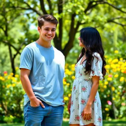 A young couple standing together, the boy on the left and the girl on the right