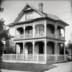 A two-story house with a draped sheet on the first floor and a balcony on the second floor.