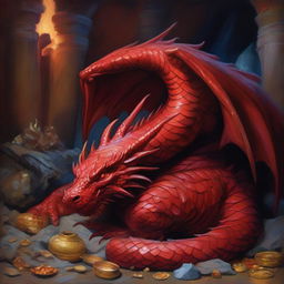 An oil painting showcasing a majestic red dragon, curled up in slumber atop a gleaming pile of treasure