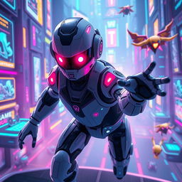 A futuristic gaming environment showcasing an advanced AI character, designed with a sleek, robotic appearance