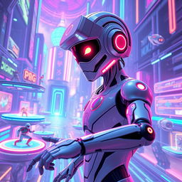 A futuristic gaming environment showcasing an advanced AI character, designed with a sleek, robotic appearance