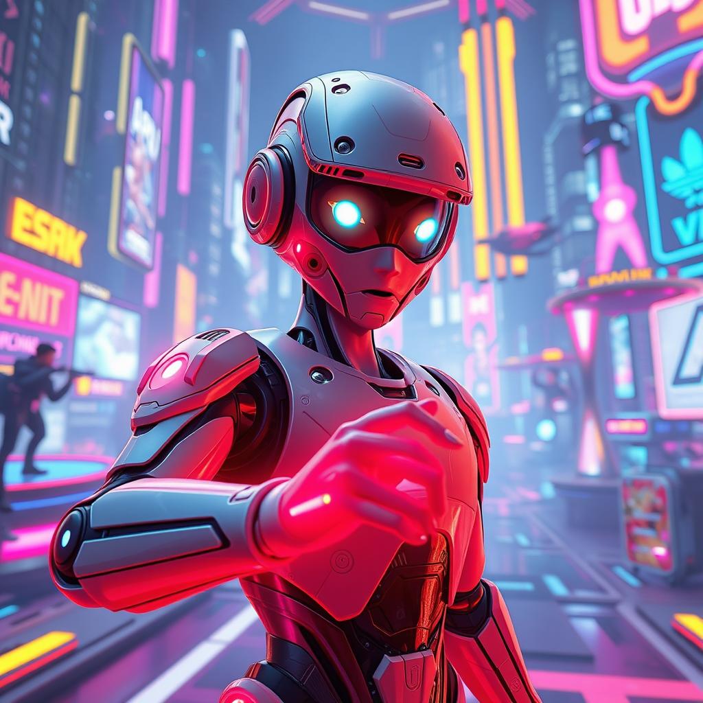 A futuristic gaming environment showcasing an advanced AI character, designed with a sleek, robotic appearance