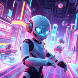 A futuristic gaming environment showcasing an advanced AI character, designed with a sleek, robotic appearance
