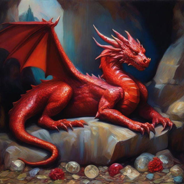 An oil painting showcasing a majestic red dragon, curled up in slumber atop a gleaming pile of treasure