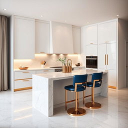 A luxurious modern kitchen featuring a stylish island at the center, designed with sleek white cabinetry and subtle gold accents