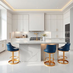 A luxurious modern kitchen featuring a stylish island at the center, designed with sleek white cabinetry and subtle gold accents