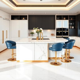 A luxurious modern kitchen featuring a stylish island at the center, designed with sleek white cabinetry and subtle gold accents
