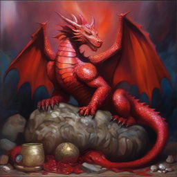 An oil painting showcasing a majestic red dragon, curled up in slumber atop a gleaming pile of treasure