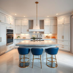 A luxurious modern kitchen featuring a stylish island at the center, designed with sleek white cabinetry and subtle gold accents