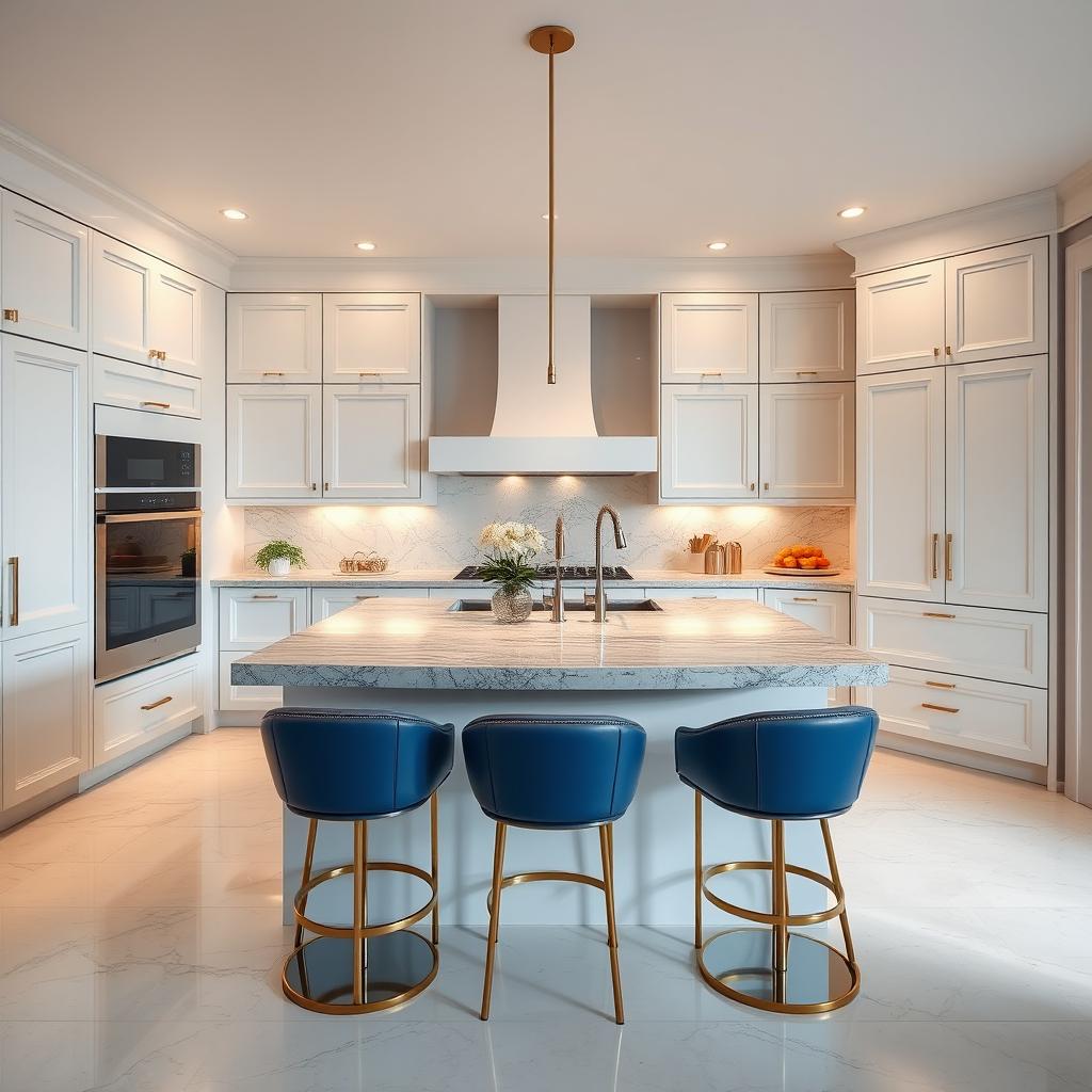 A luxurious modern kitchen featuring a stylish island at the center, designed with sleek white cabinetry and subtle gold accents