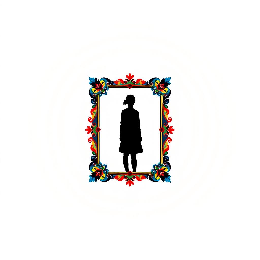 A minimalist human silhouette with a vibrant decorative border surrounding it
