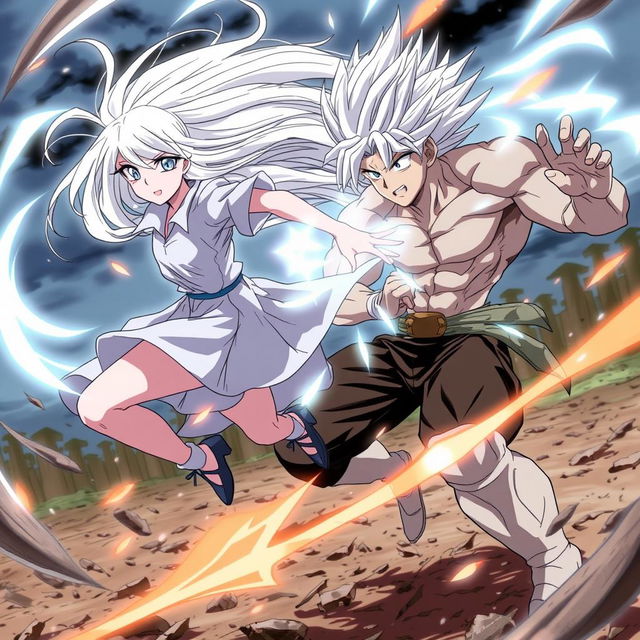 An action-packed anime scene featuring a girl with flowing silvery-white hair and glowing eyes, moving with unparalleled speed and grace