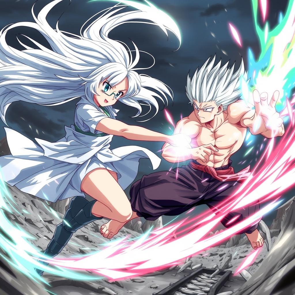 An action-packed anime scene featuring a girl with flowing silvery-white hair and glowing eyes, moving with unparalleled speed and grace