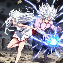 An action-packed anime scene featuring a girl with flowing silvery-white hair and glowing eyes, moving with unparalleled speed and grace