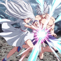 An action-packed anime scene featuring a girl with flowing silvery-white hair and glowing eyes, moving with unparalleled speed and grace