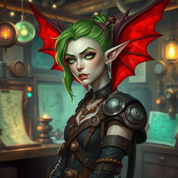 A female pale-skinned tiefling artificer with vibrant green hair styled with a hair tie, showcasing her unique red wings