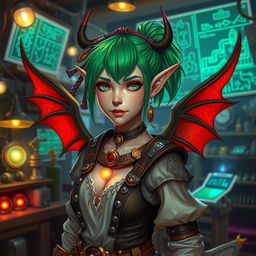 A female pale-skinned tiefling artificer with vibrant green hair styled with a hair tie, showcasing her unique red wings