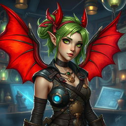 A female pale-skinned tiefling artificer with vibrant green hair styled with a hair tie, showcasing her unique red wings