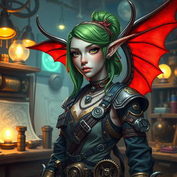 A female pale-skinned tiefling artificer with vibrant green hair styled with a hair tie, showcasing her unique red wings
