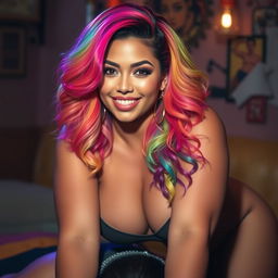 A vibrant and colorful scene featuring a Latina woman with stunning rainbow-colored hair, exuding confidence and charm