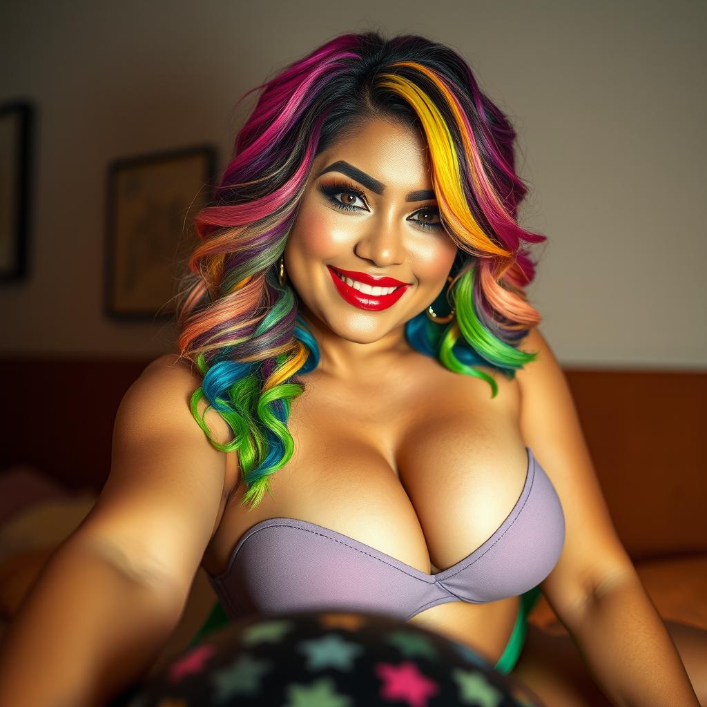 A vibrant and colorful scene featuring a Latina woman with stunning rainbow-colored hair, exuding confidence and charm