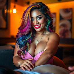 A vibrant and colorful scene featuring a Latina woman with stunning rainbow-colored hair, exuding confidence and charm