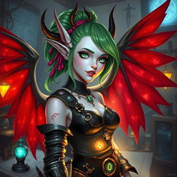 A female tiefling artificer with pale skin, striking green hair styled with a vibrant hair tie
