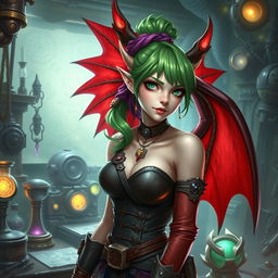 A female tiefling artificer with pale skin, striking green hair styled with a vibrant hair tie