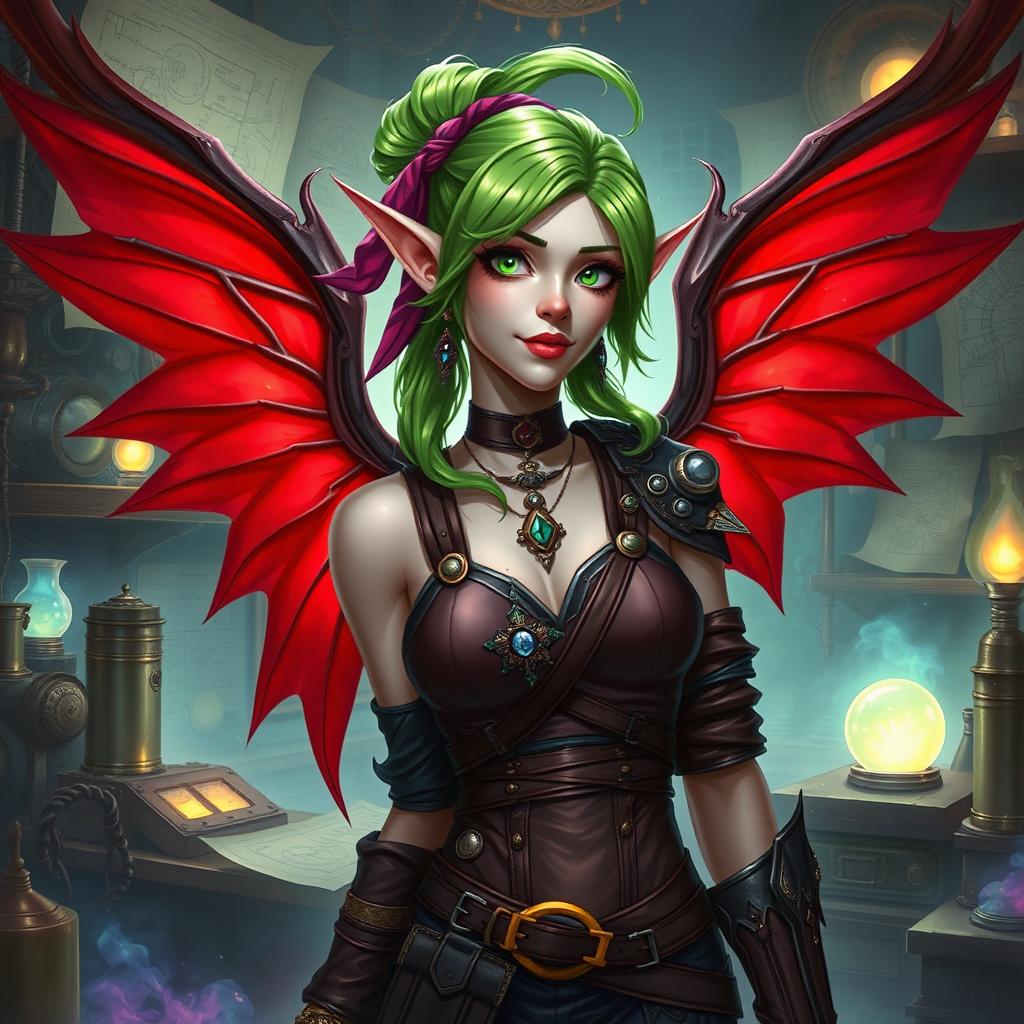A female tiefling artificer with pale skin, striking green hair styled with a vibrant hair tie