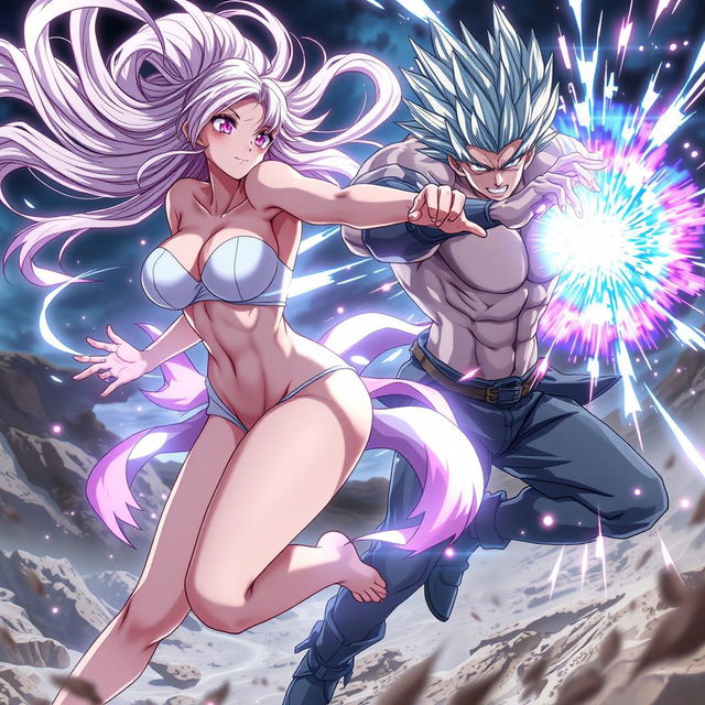 An action-packed anime scene featuring a sexy young lady with an alluring figure, including big boobs, flowing silvery-pink hair, and glowing eyes