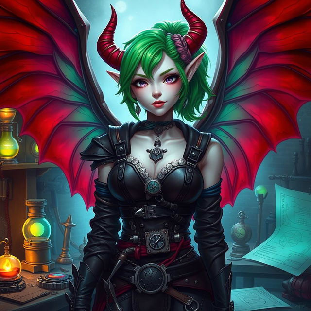 A female tiefling artificer with pale skin, striking green hair styled with a vibrant hair tie