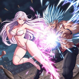 An action-packed anime scene featuring a sexy young lady with an alluring figure, including big boobs, flowing silvery-pink hair, and glowing eyes